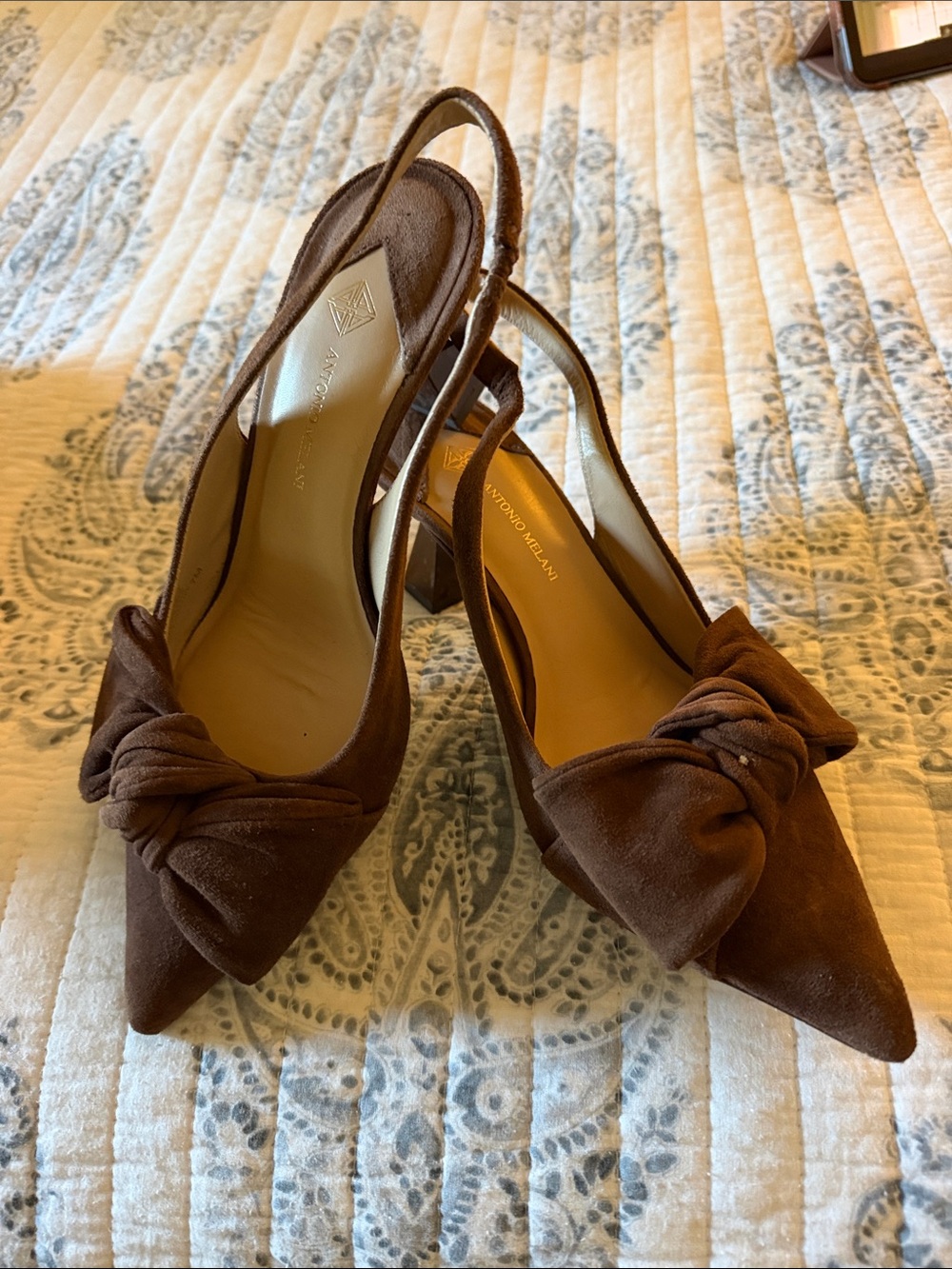 ANTONIO MELANI Brown Suede Knot Slingback Heels